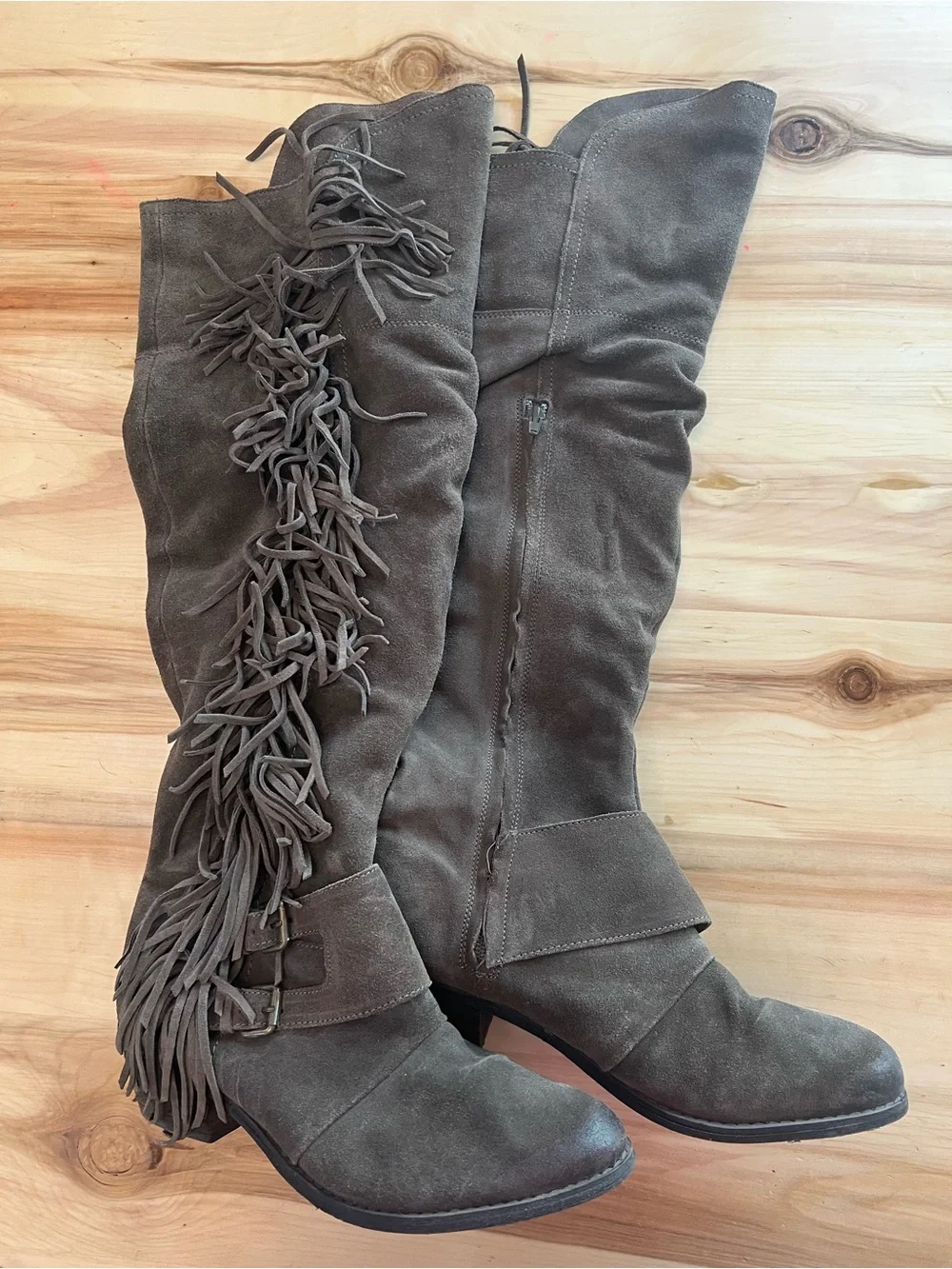 Naughty Monkey over-the-Knee Fringe Suede Boots - Taupe